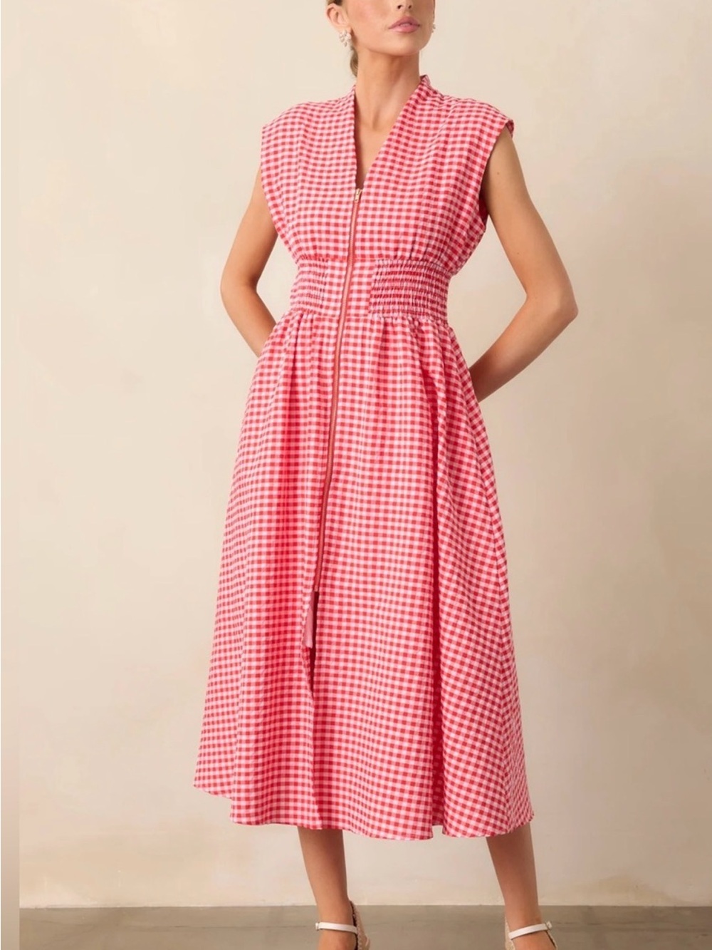 entro Evette Red Gingham Zip-Front Smocked Midi Dress